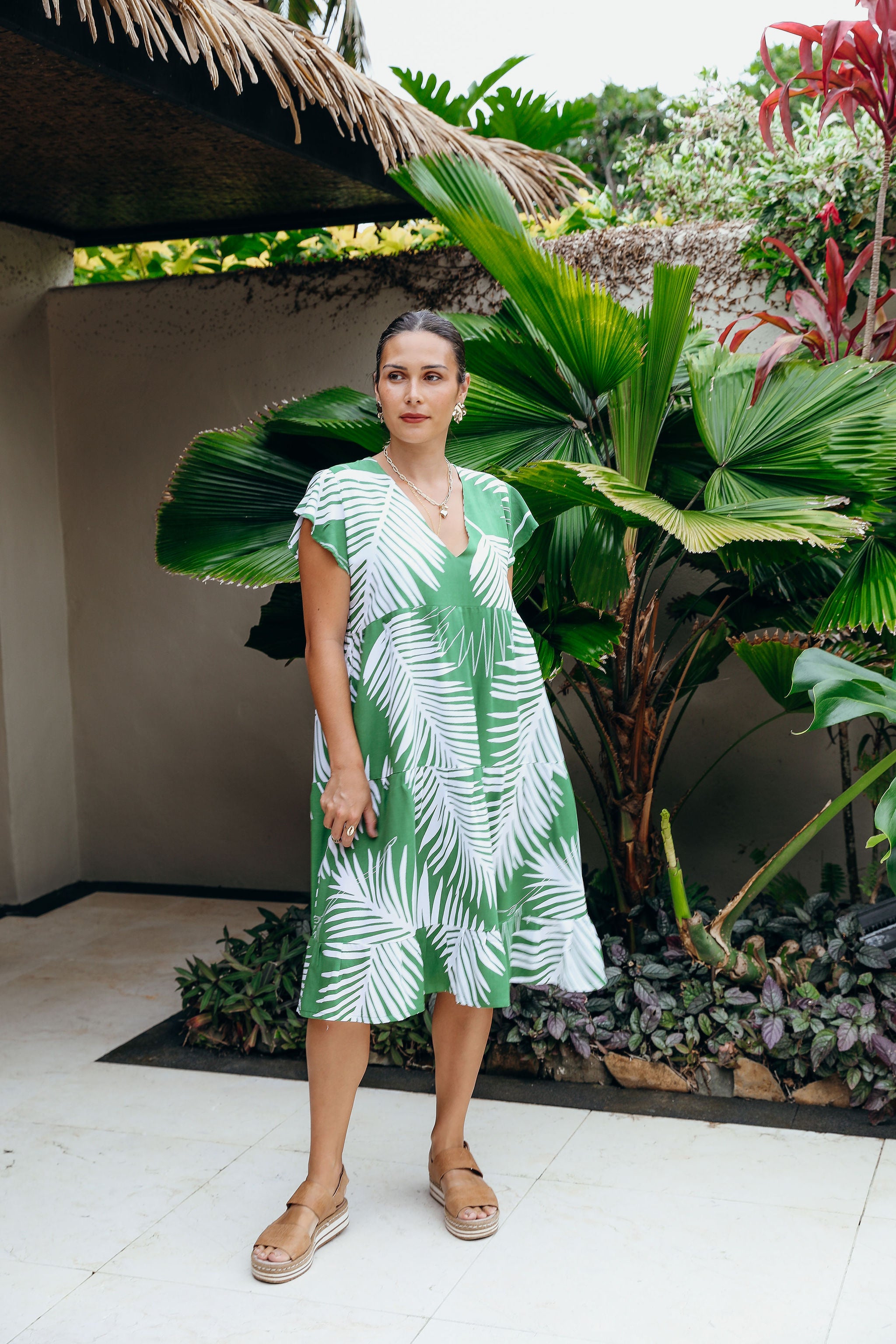 Kale White Fern Tia V Neck Dress