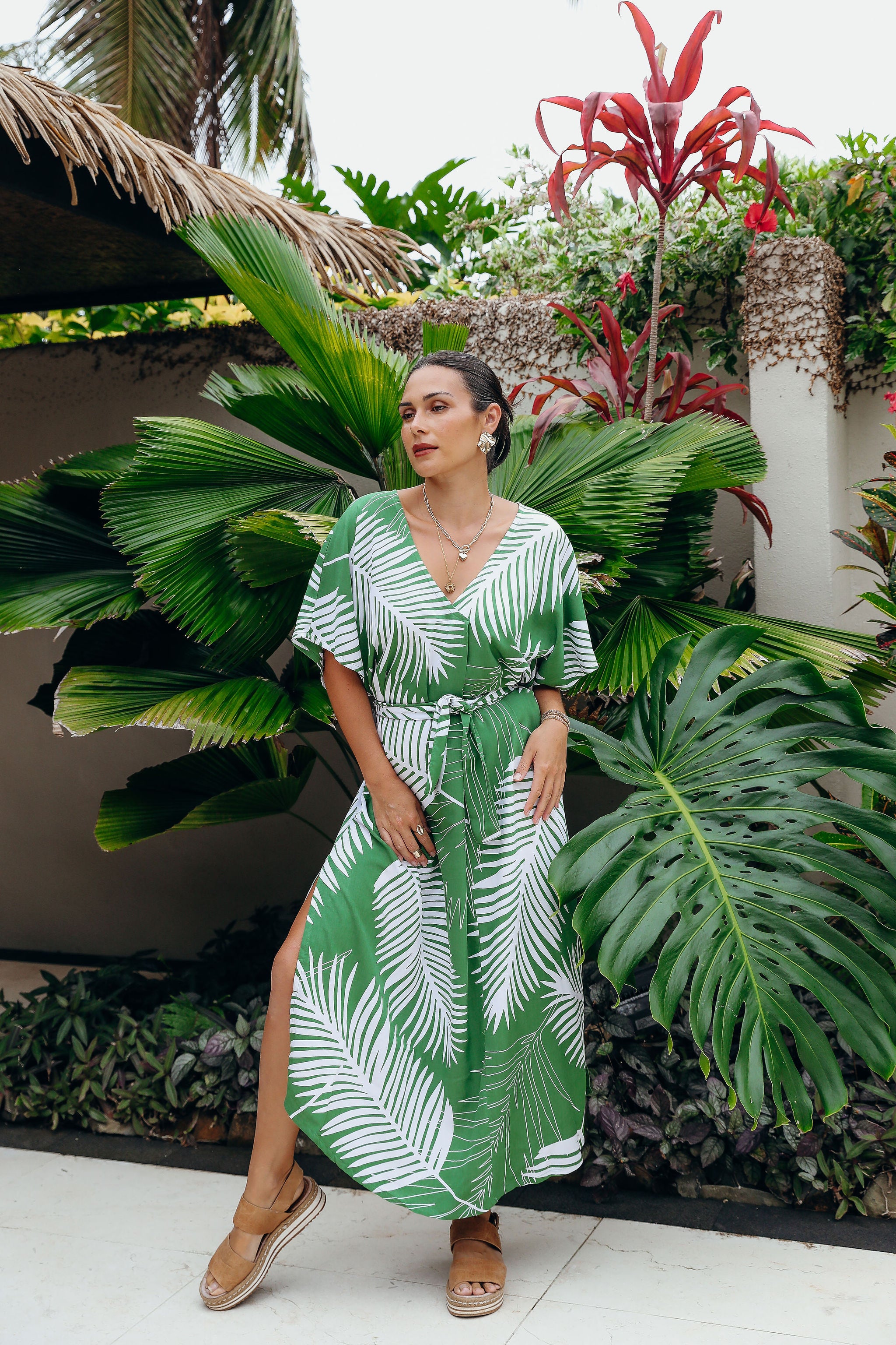 Kale White Fern V Neck Kaftan