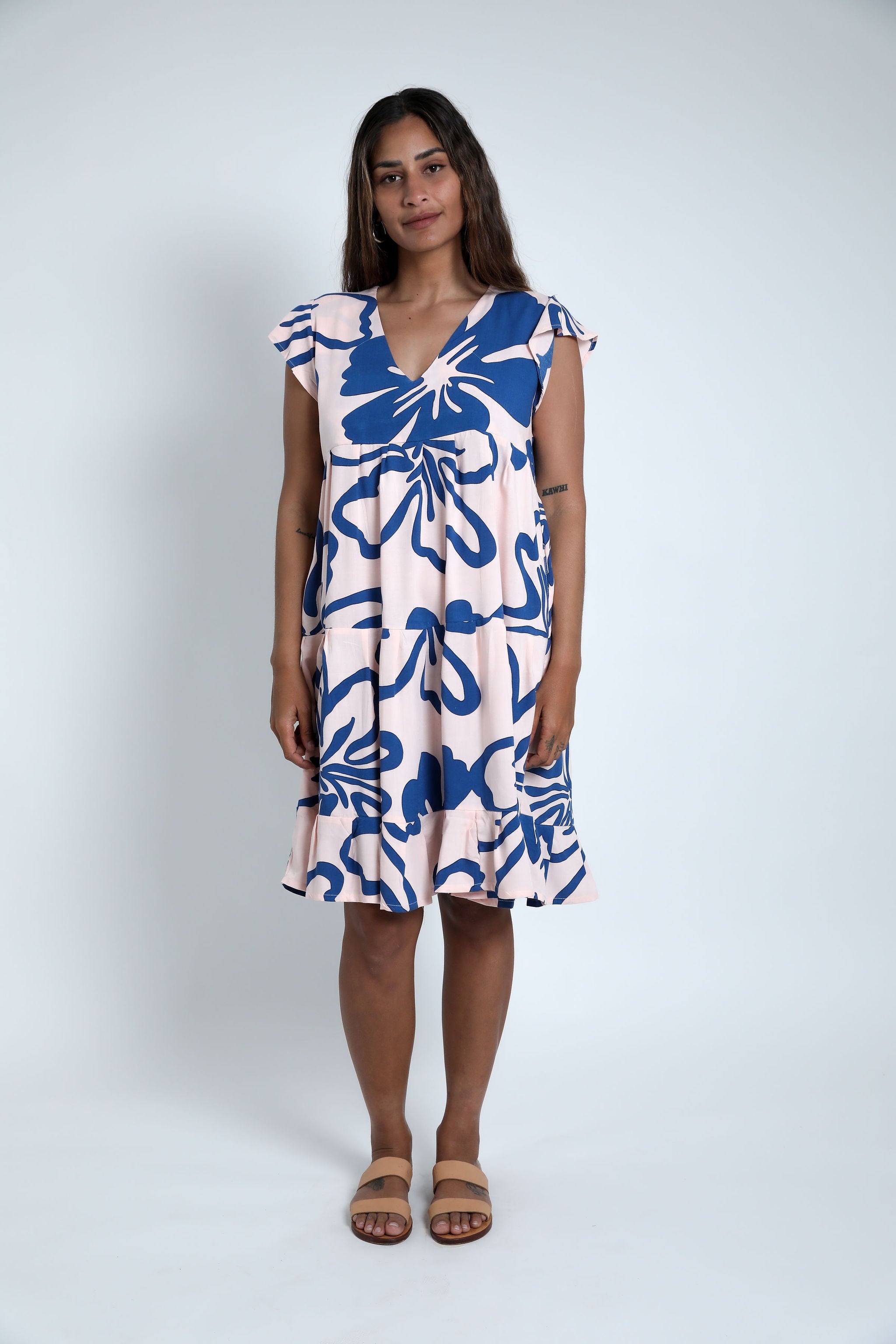 Pink and Navy Te Kaute Tia V Neck Dress