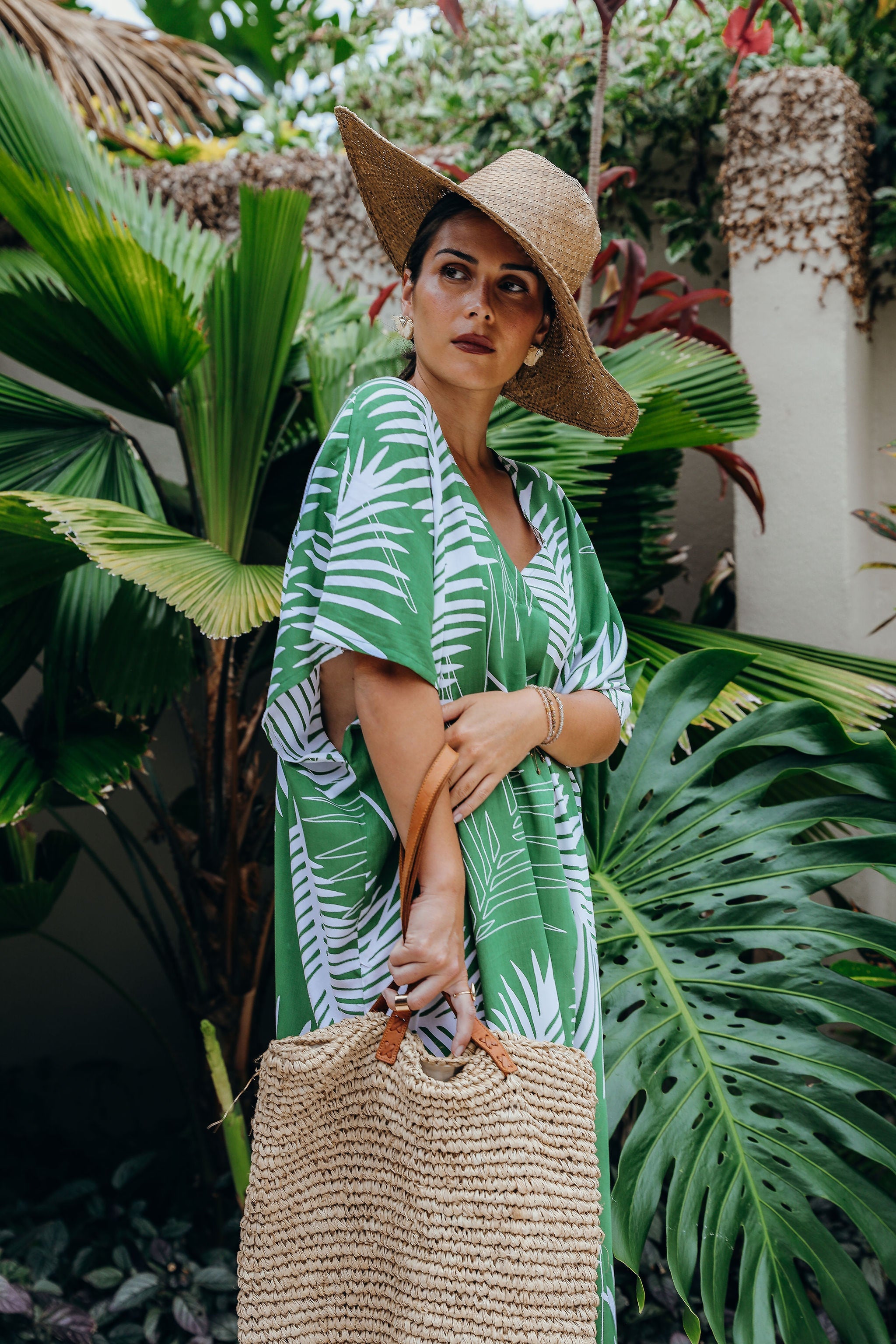 Kale White Fern V Neck Kaftan