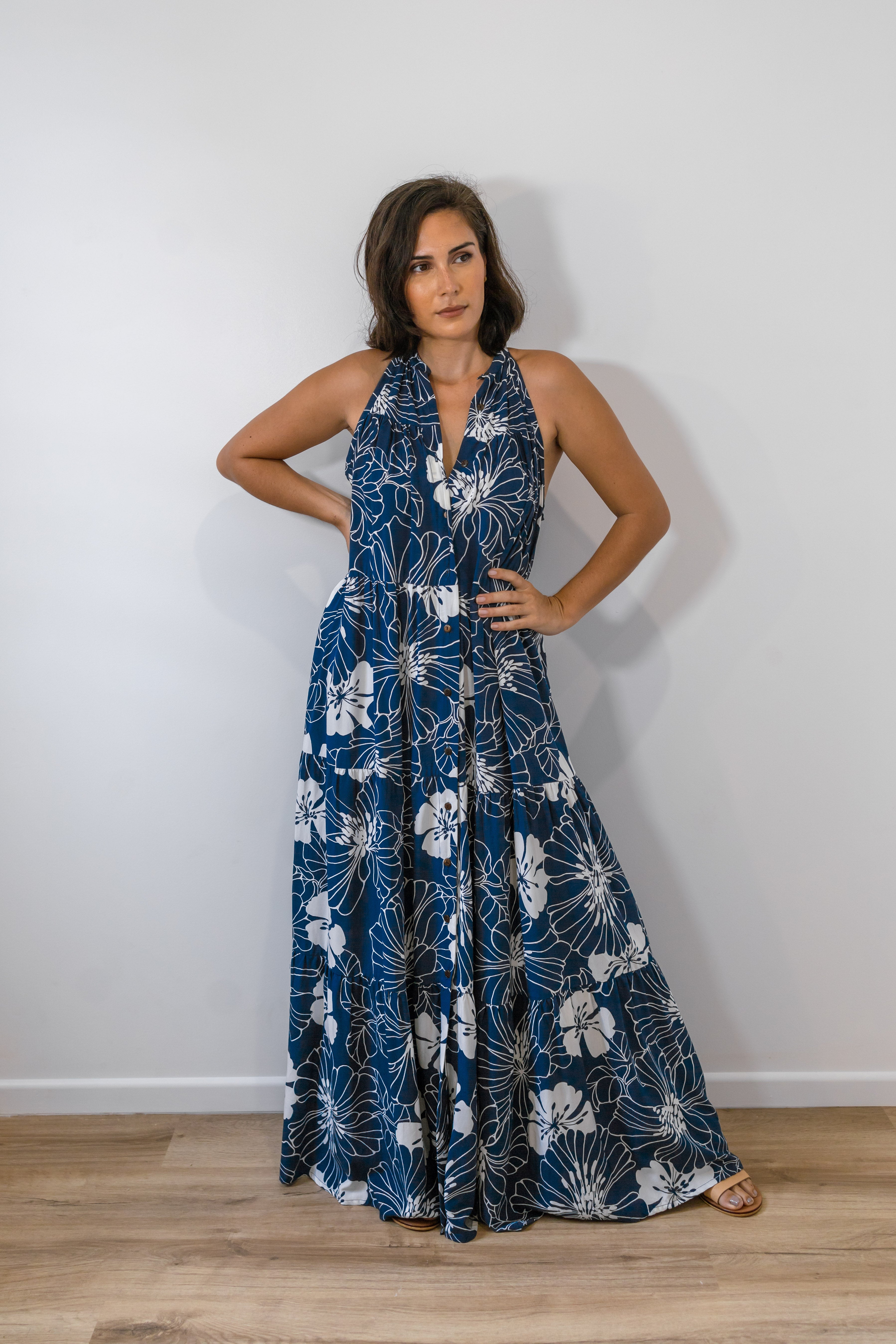 Navy and White Button Long Tiered Maxi Dress
