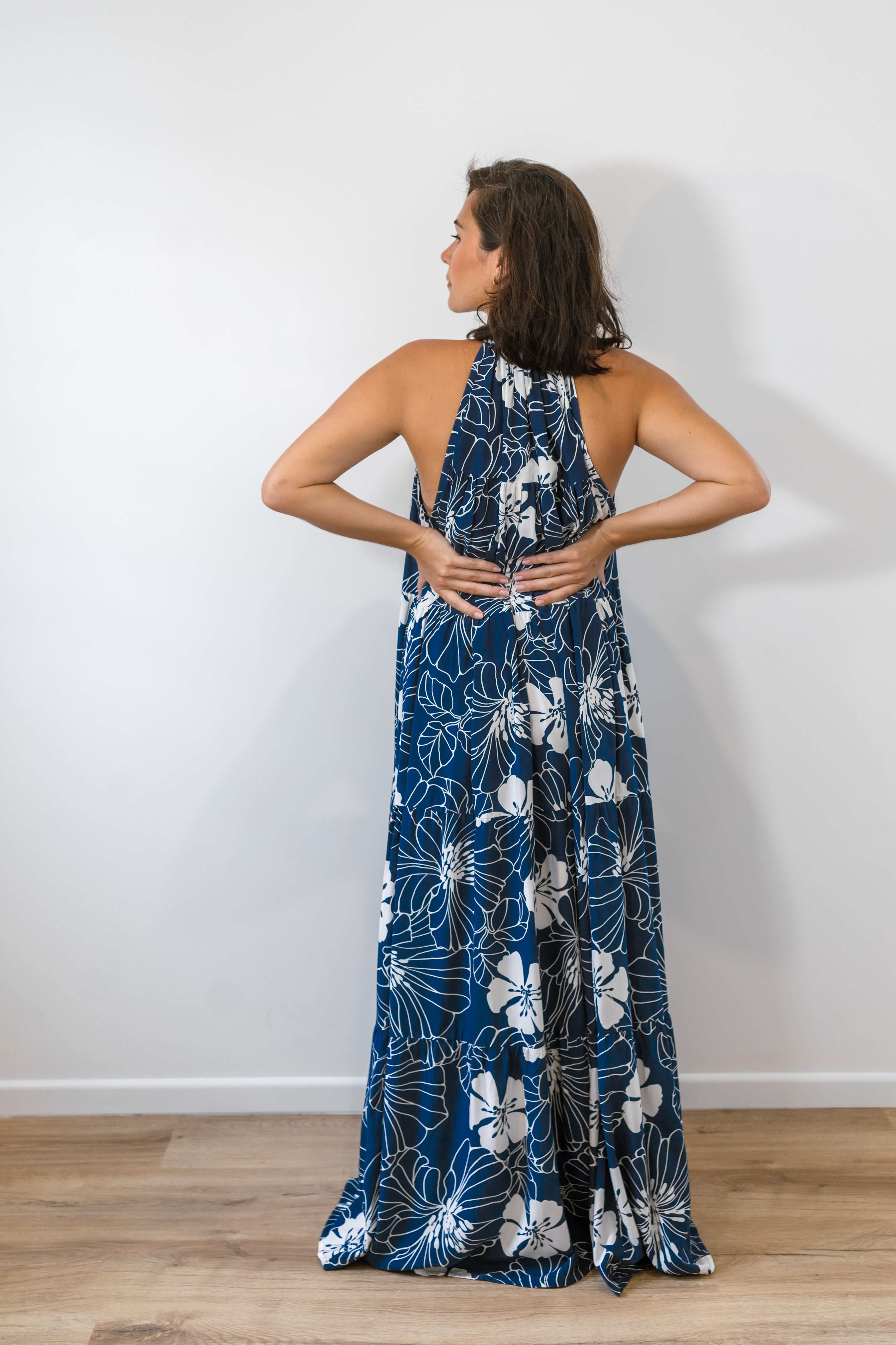Navy and White Button Long Tiered Maxi Dress