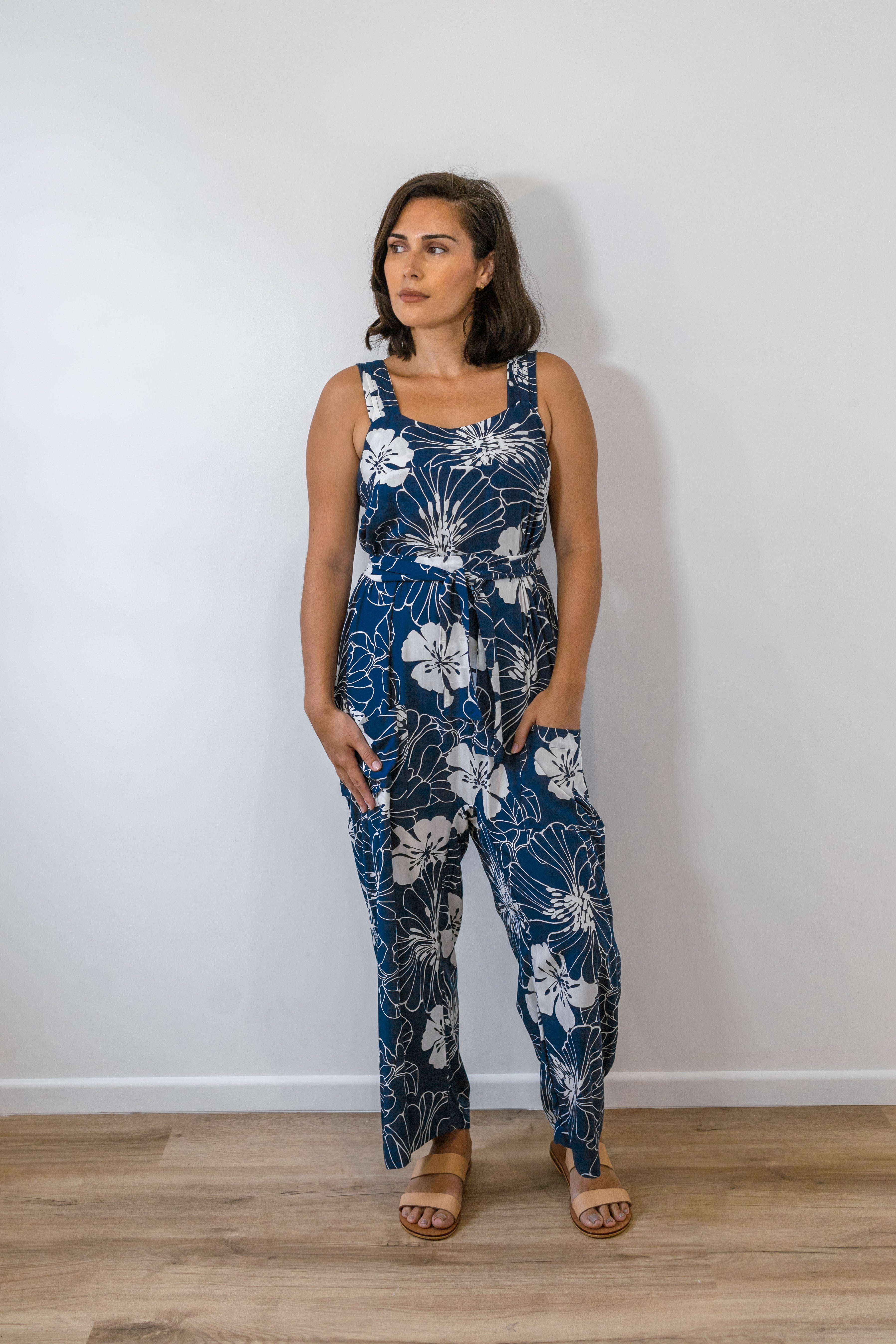 Navy and White Modern Hibiscus Wide Strap Jumpsuit