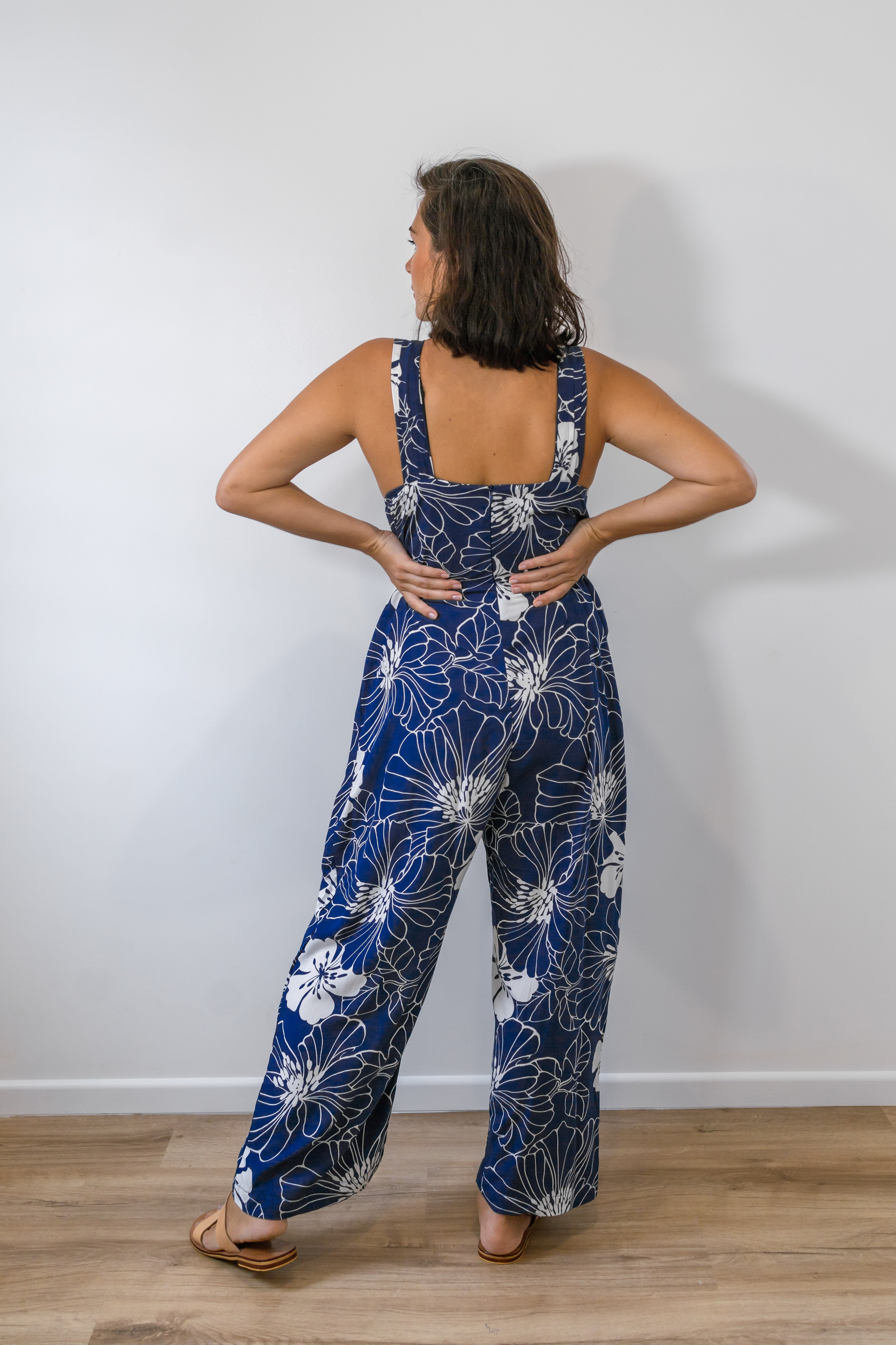 Navy and White Modern Hibiscus Wide Strap Jumpsuit