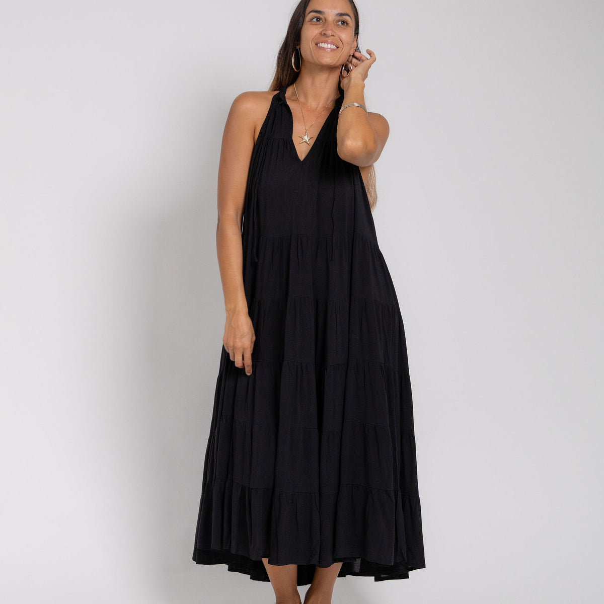 knee length dresses for ladies Black Tiered Midi Dress