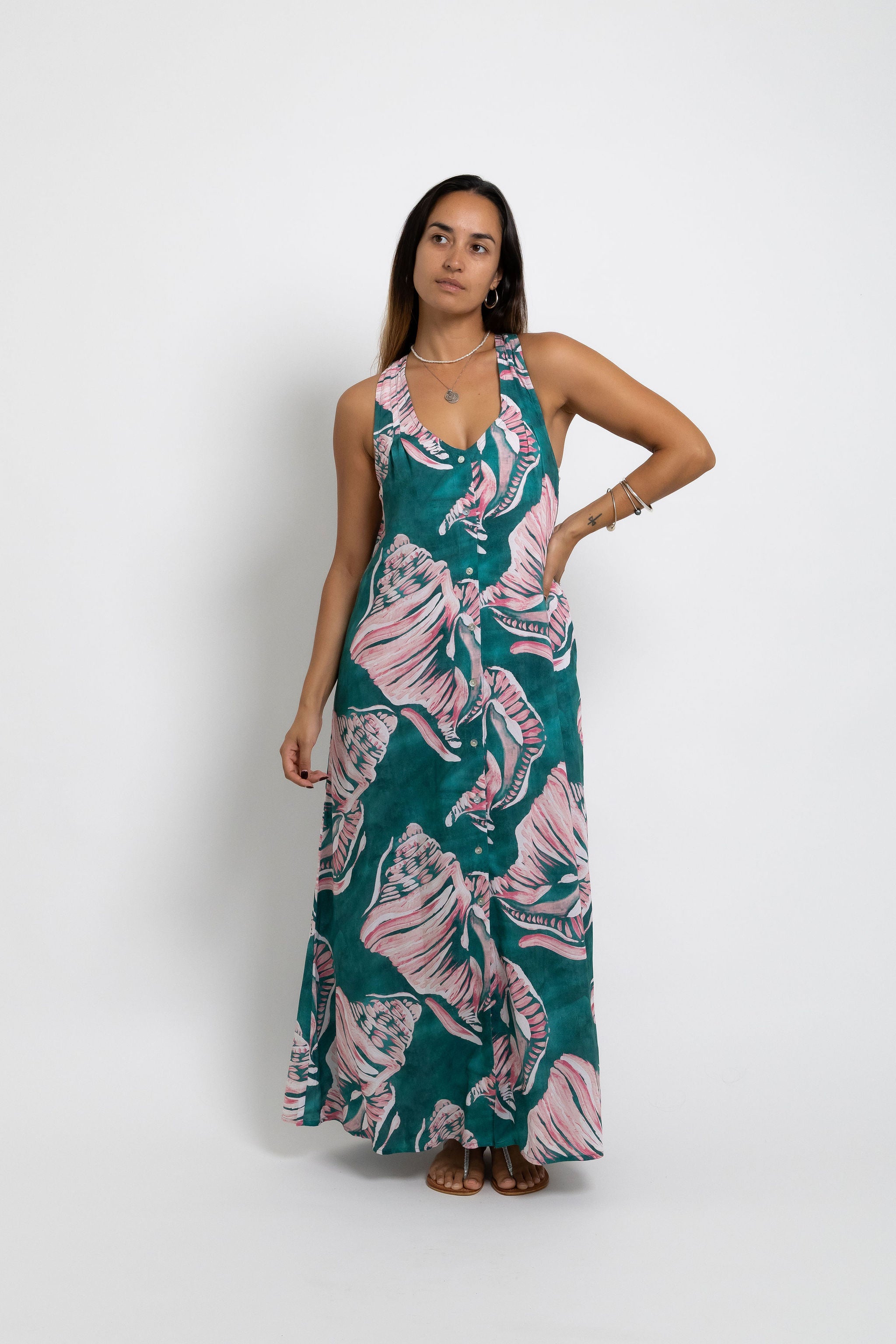 Jade Conch Shell Tara Button Front Maxi Dress