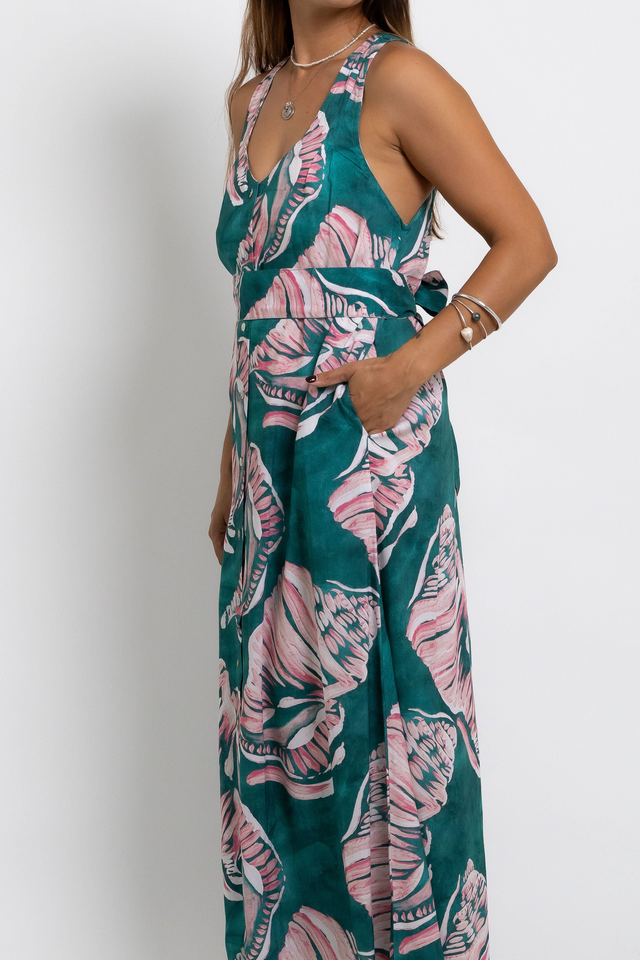 Jade Conch Shell Tara Button Front Maxi Dress