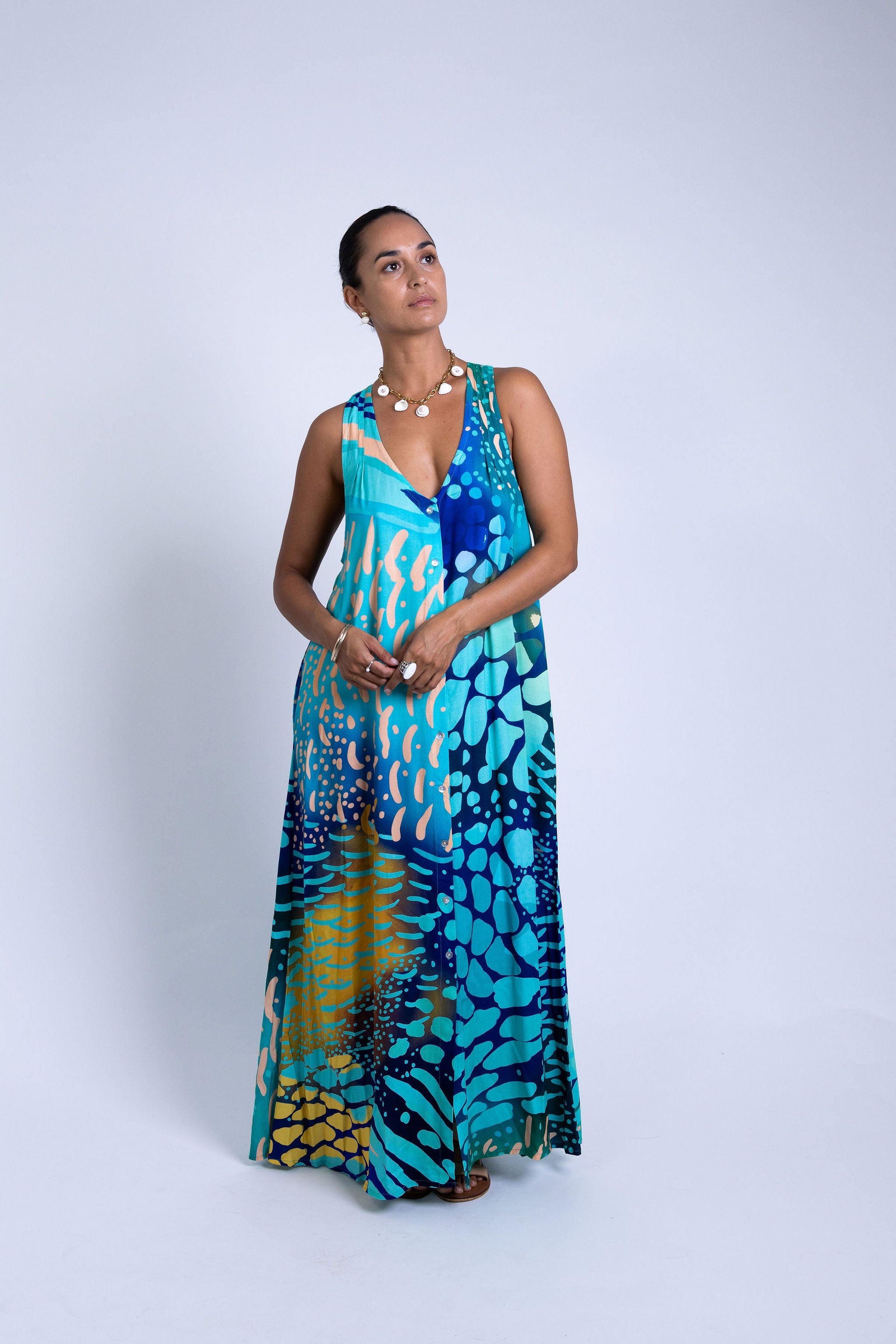 Indigo Parrot Fish Tara Button Front Maxi Dress