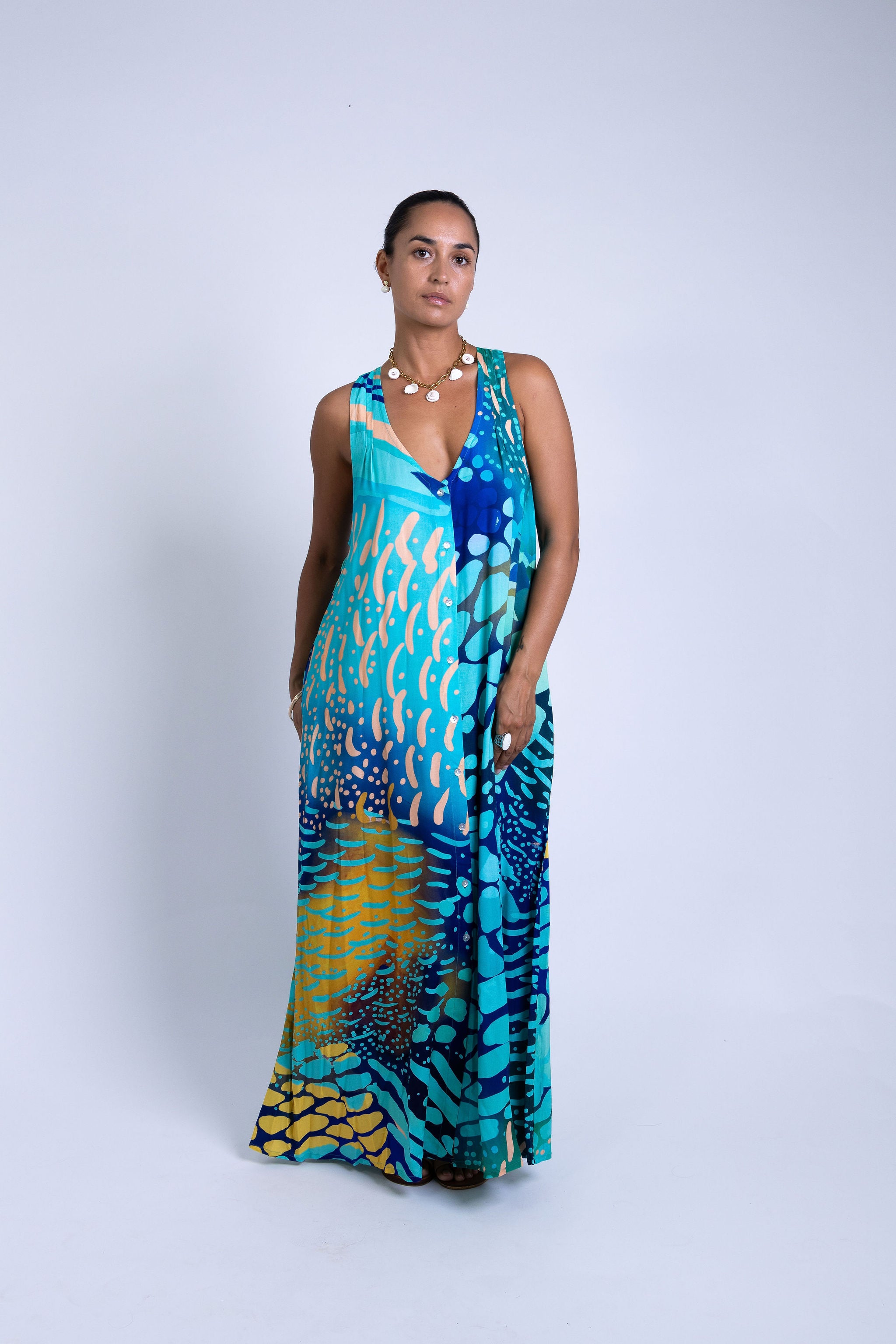 Indigo Parrot Fish Tara Button Front Maxi Dress