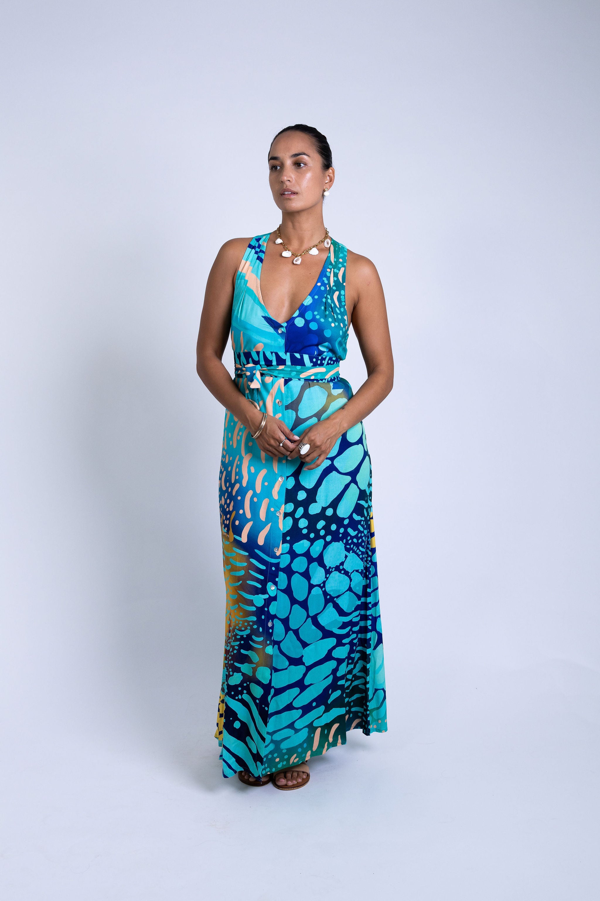 Indigo Parrot Fish Tara Button Front Maxi Dress
