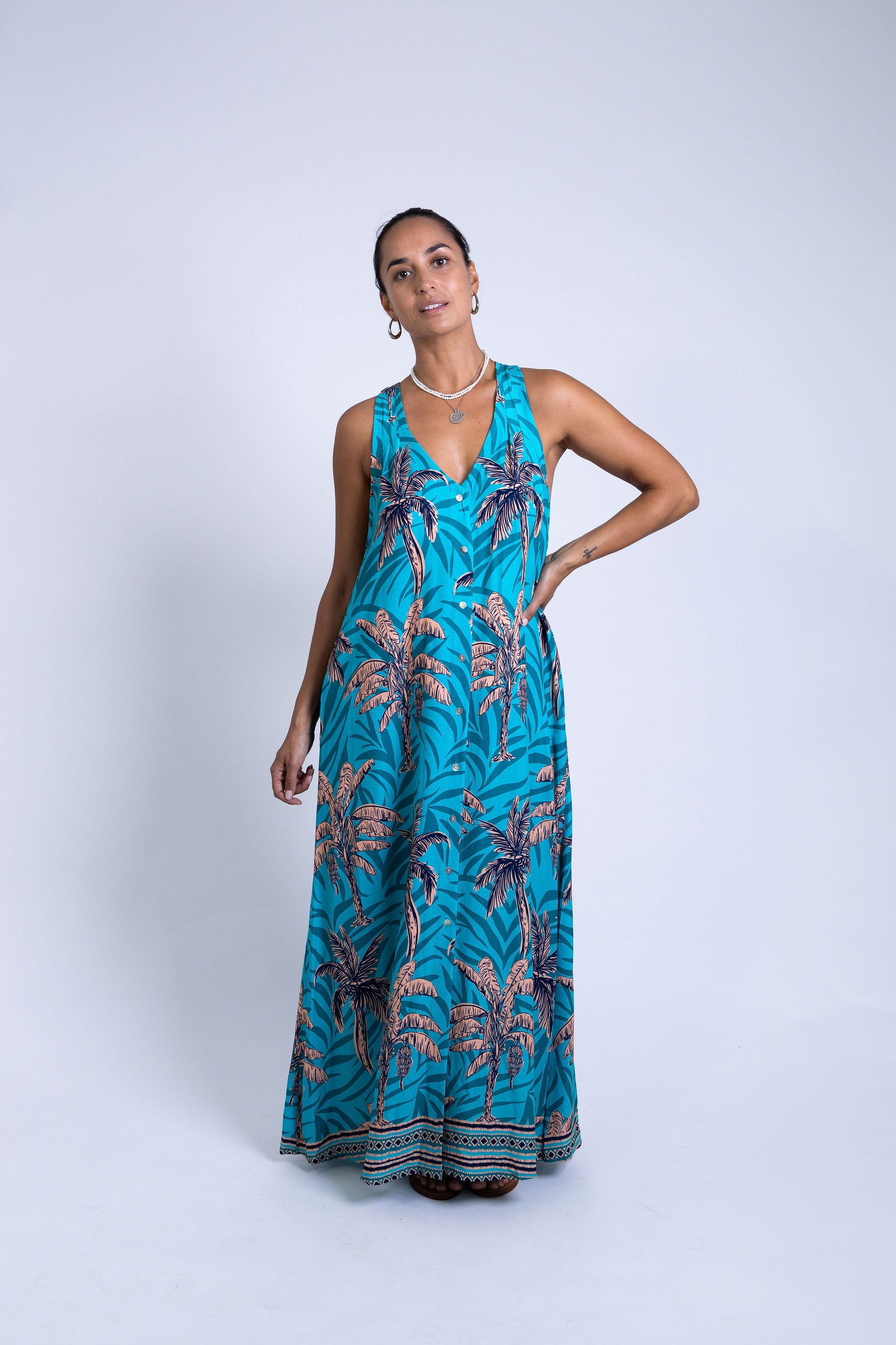 Teal Te Vene Tara Button Front Maxi Dress