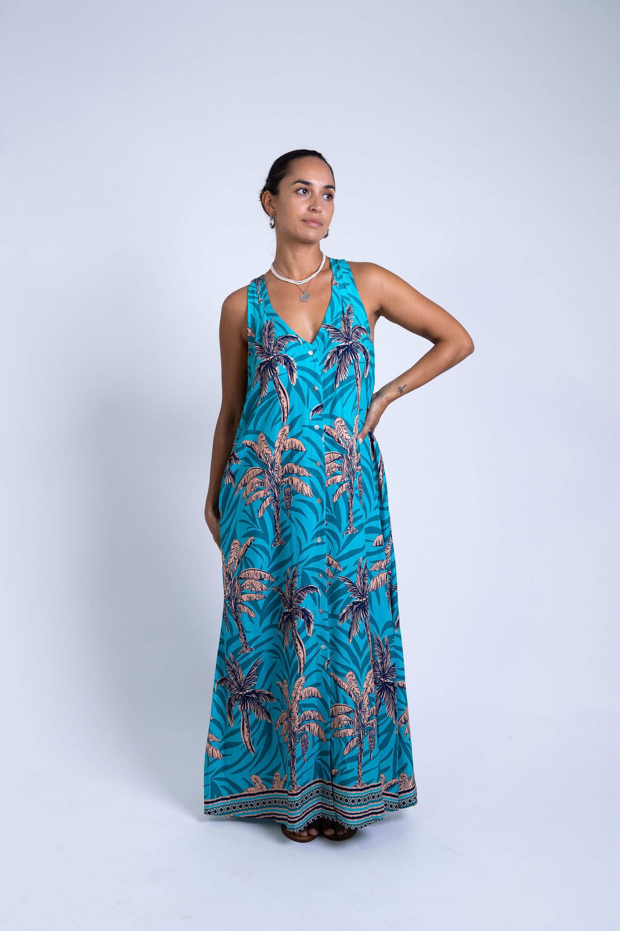Teal Te Vene Tara Button Front Maxi Dress