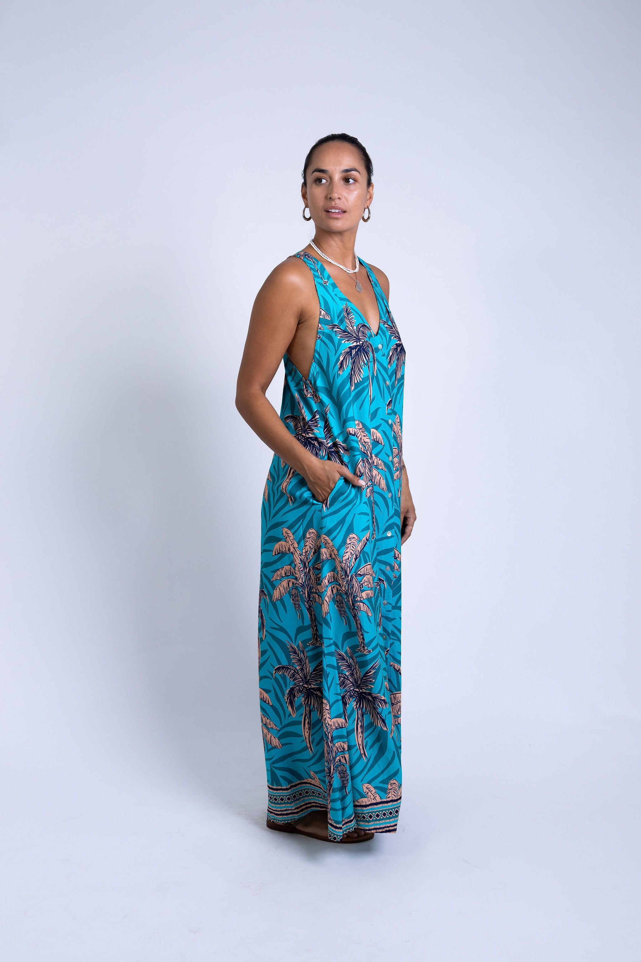 Teal Te Vene Tara Button Front Maxi Dress