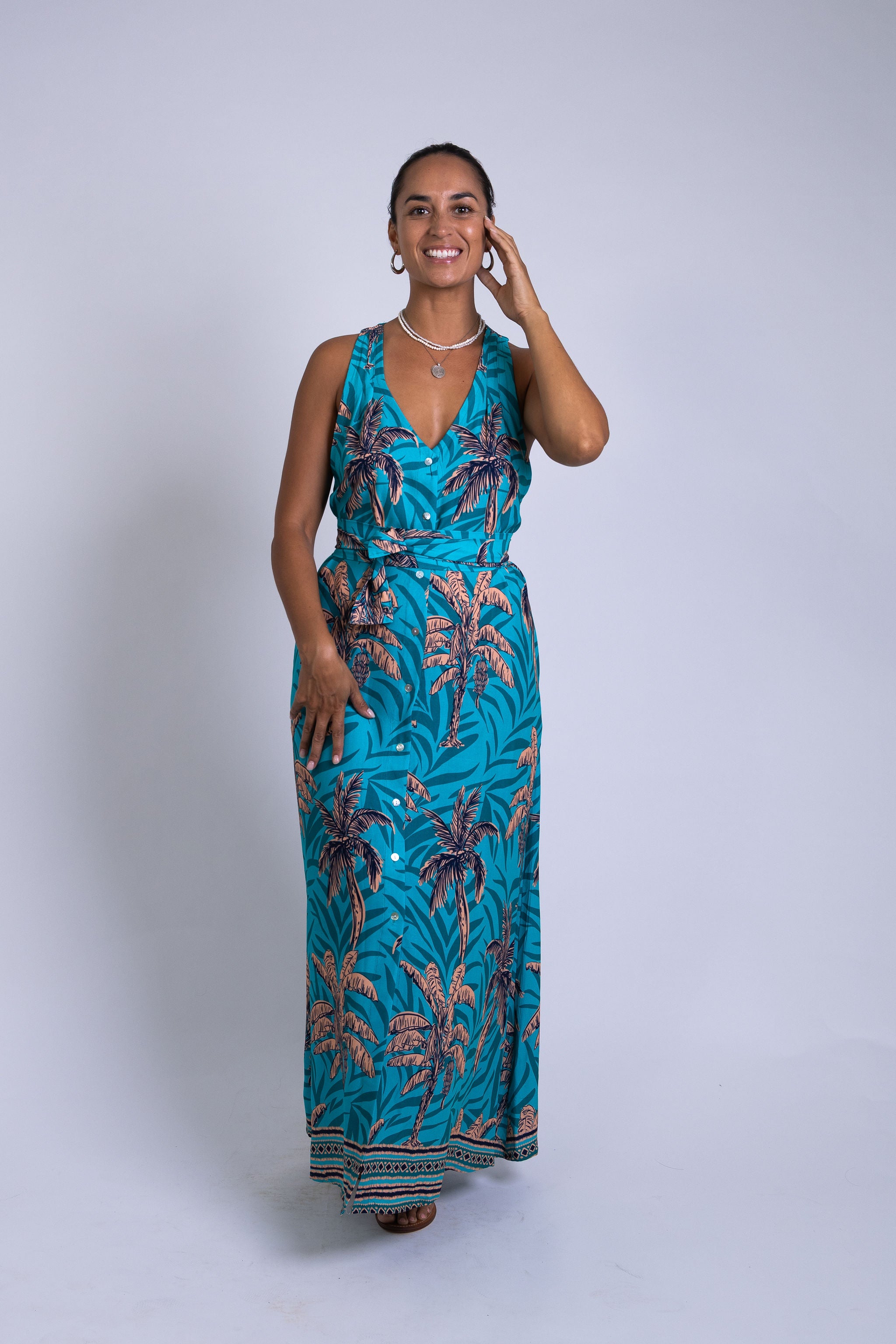 Teal Te Vene Tara Button Front Maxi Dress