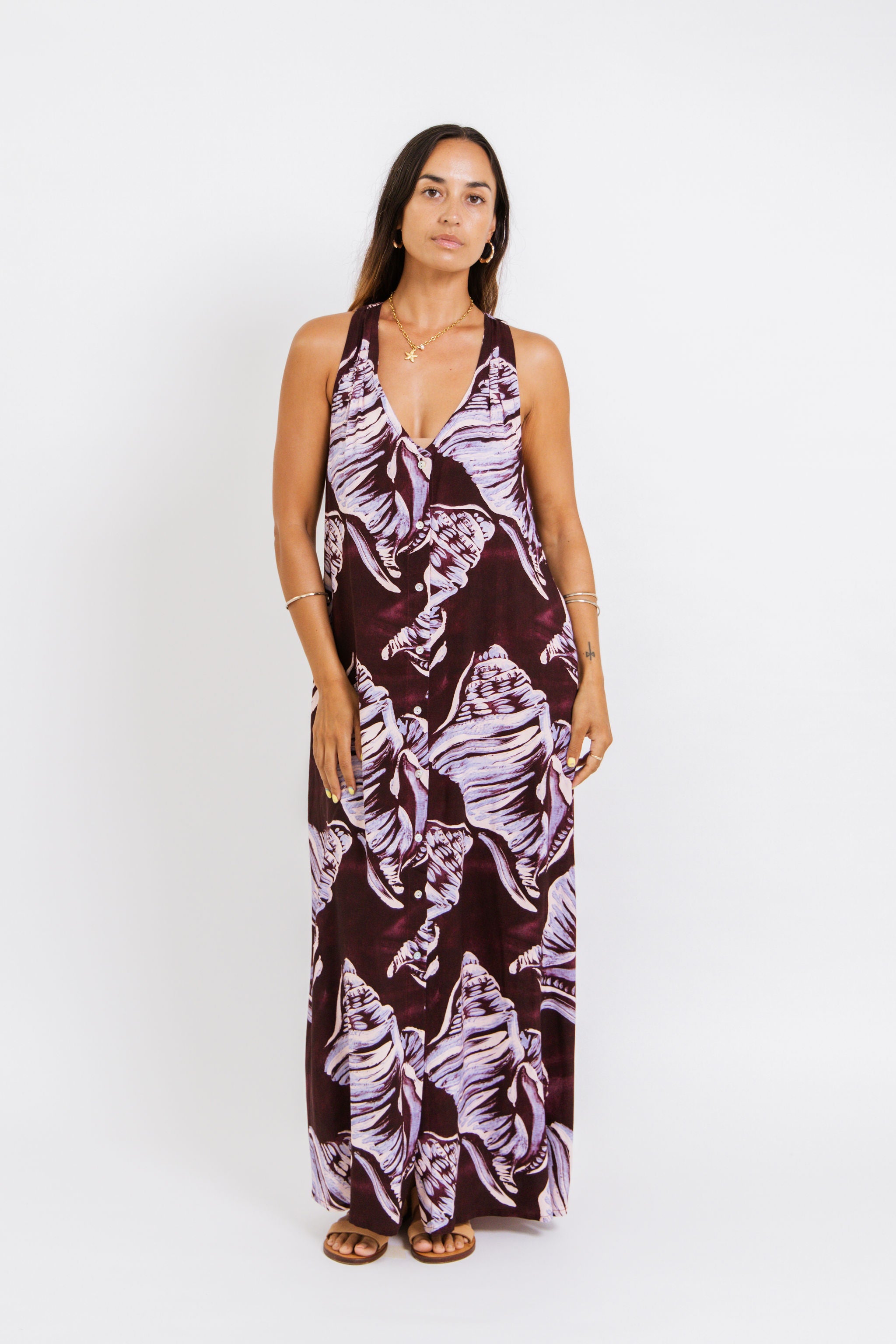 Burgandy Conch Shell Tara Button Front Maxi Dress