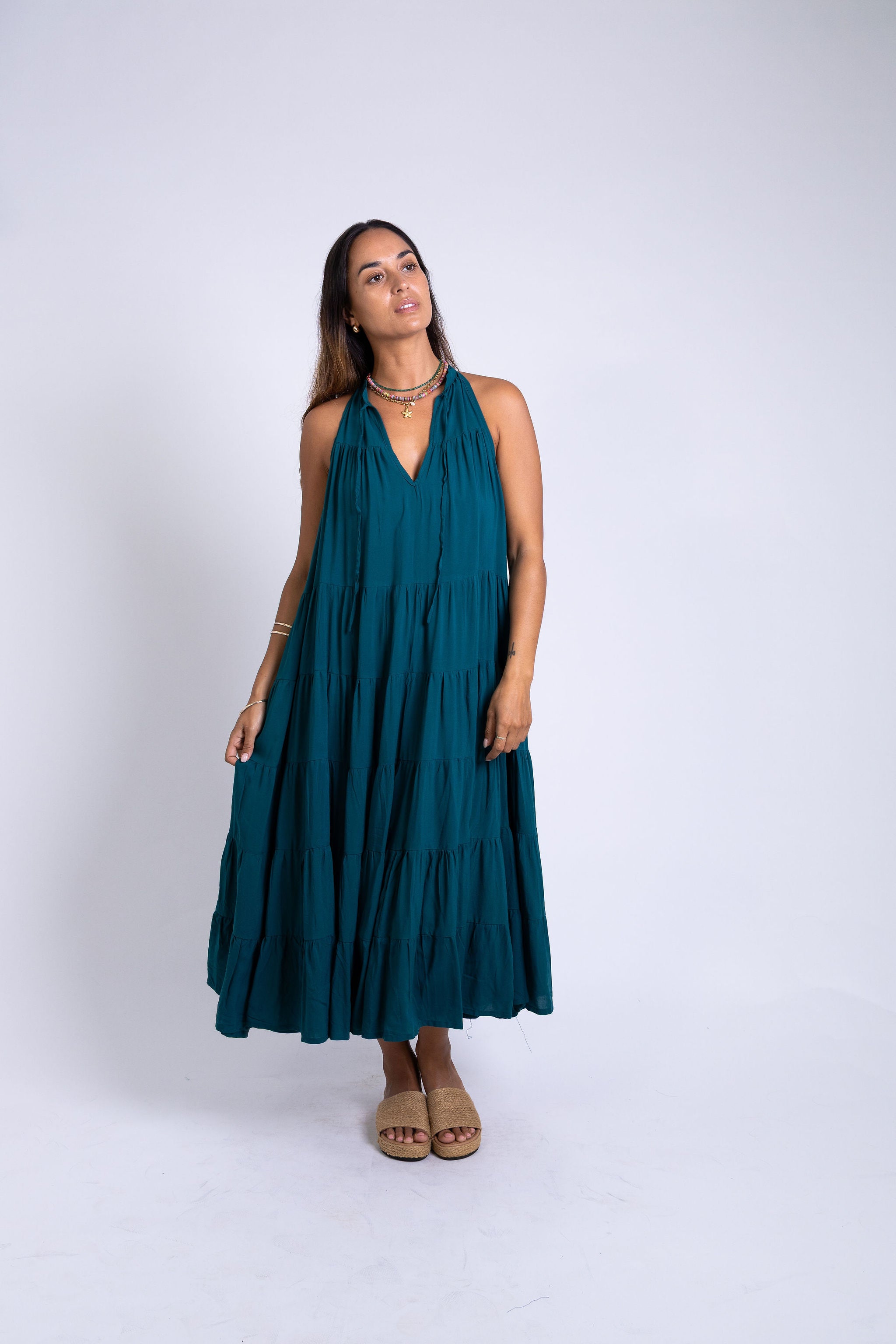 Ocean Green Tiered Midi Dress
