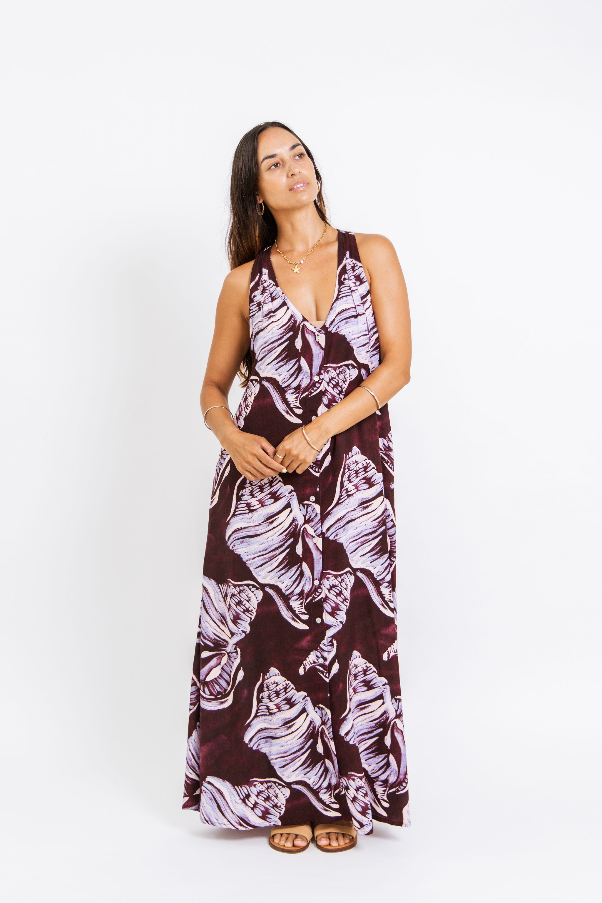 Burgandy Conch Shell Tara Button Front Maxi Dress