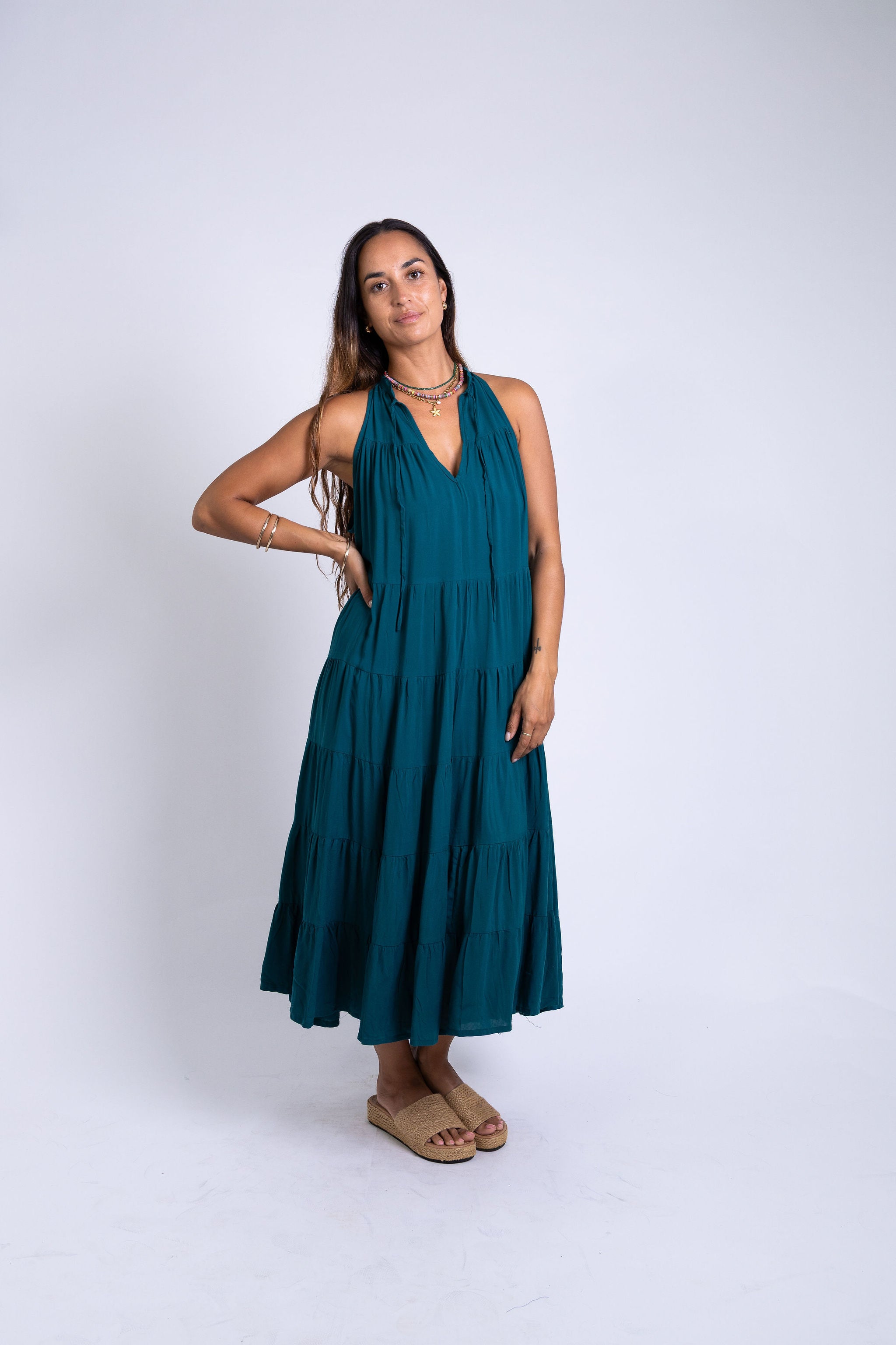 Ocean Green Tiered Midi Dress