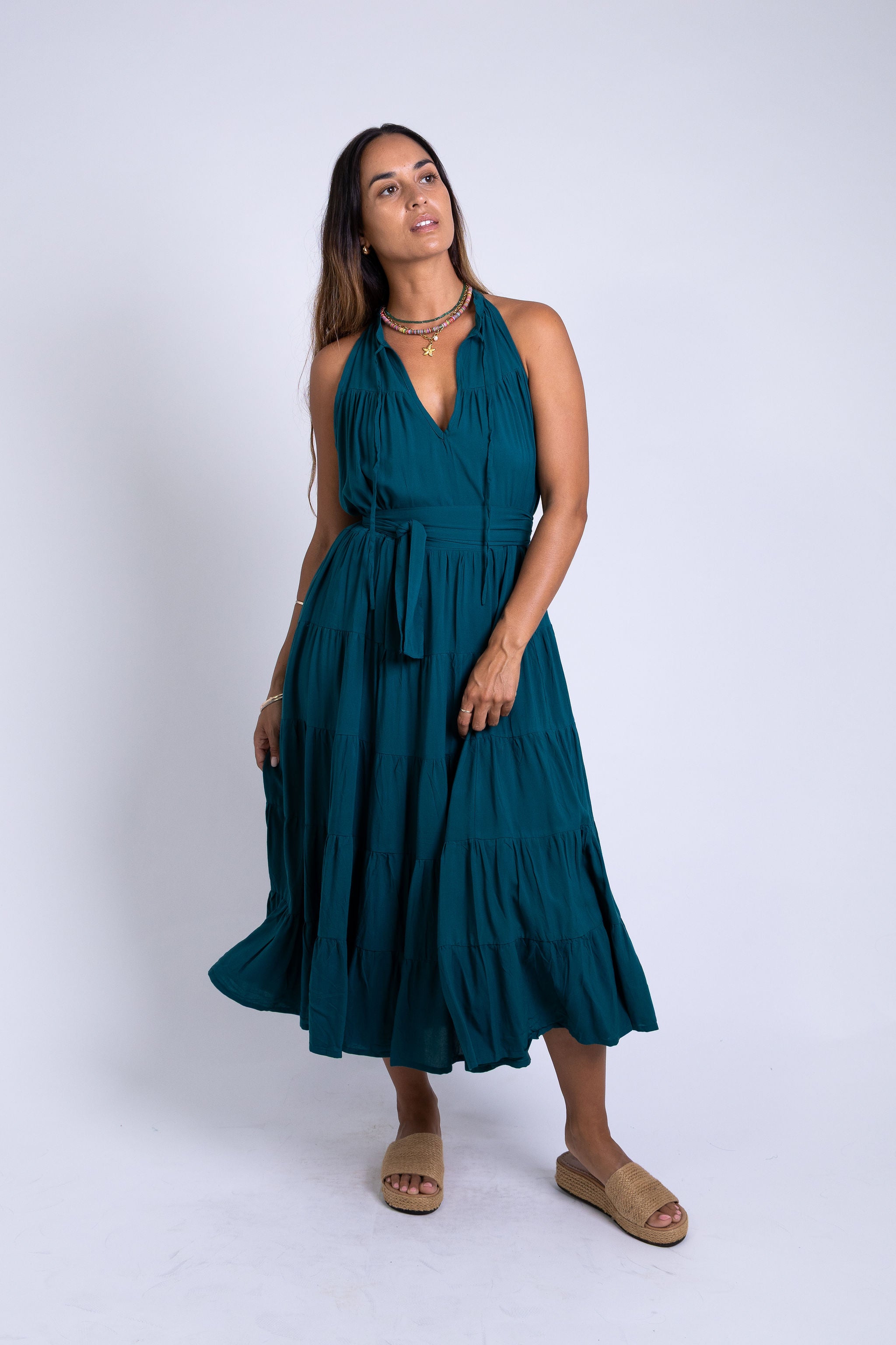 Ocean Green Tiered Midi Dress