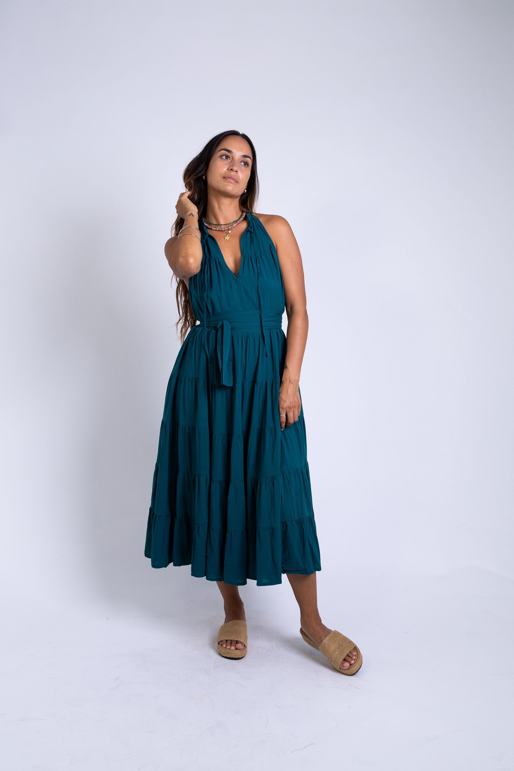 Ocean Green Tiered Midi Dress
